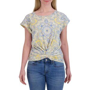 2/$30 Lucky Brand Twist Front Medallion Print Tee Cap Sleeve Mustard Large #BAG2